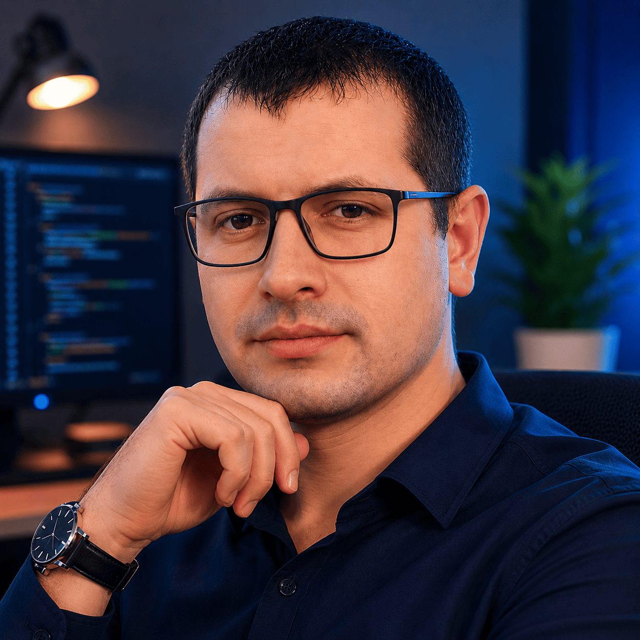 Роман — Senior Full-stack розробник за робочим столом